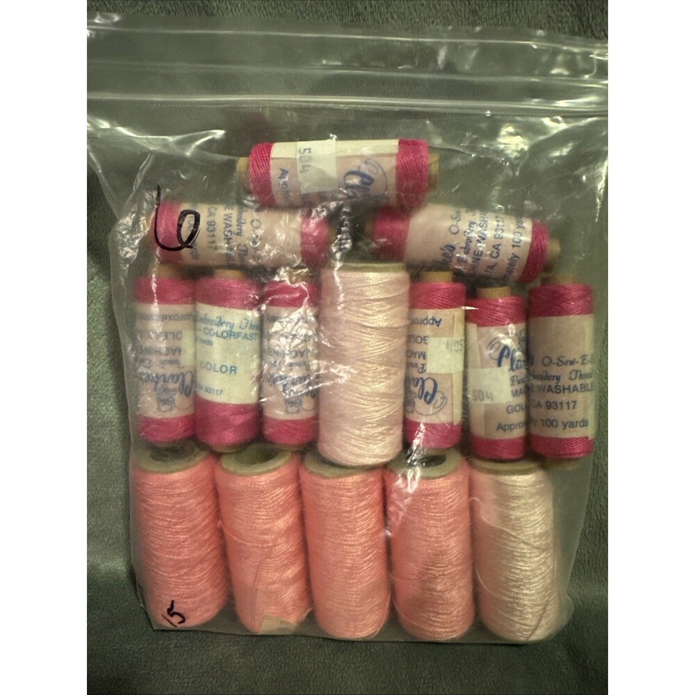 Vintage 80s 15 pc Punch Embroidery Thread Clarke's Pink Bag 6